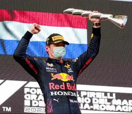 2021 Imola Winner Max Verstappen with trophy